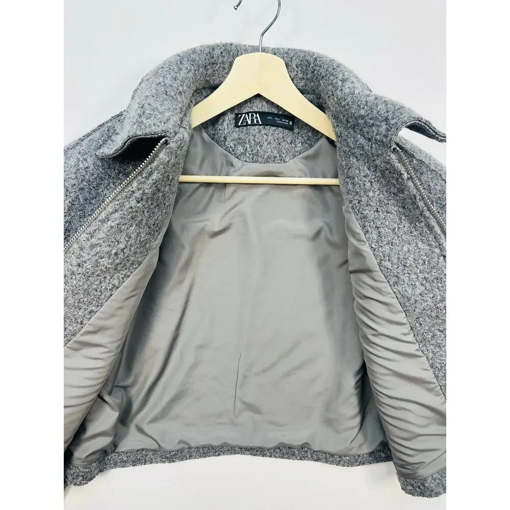 Zara Boucle Cropped Zip Front Jacket in Charcoal Gray Textured Fabric